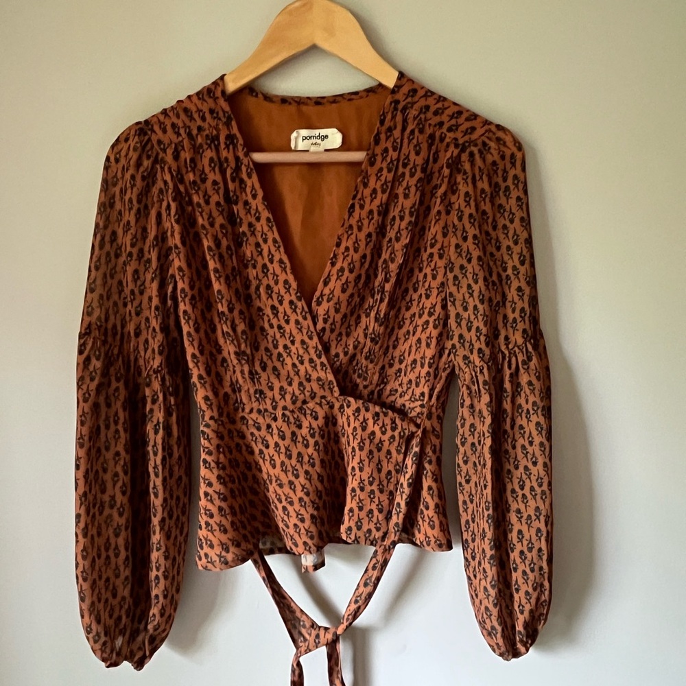 Anthropologie Rust Patterned Wrap Blouse - Picture 4 of 5